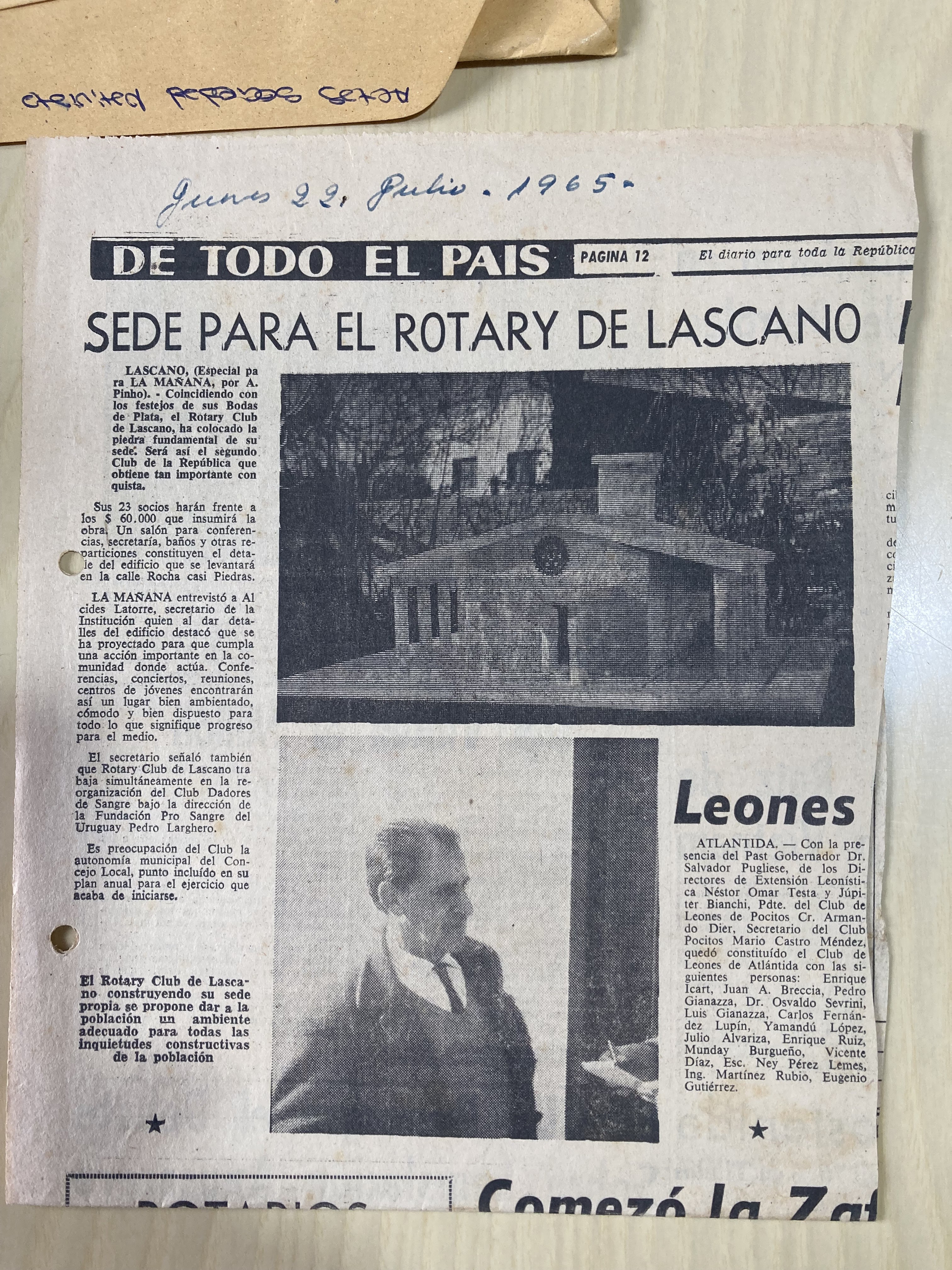 Casa Rotaria de Lascano · nota de La Mañana, 22 de julio de 1965